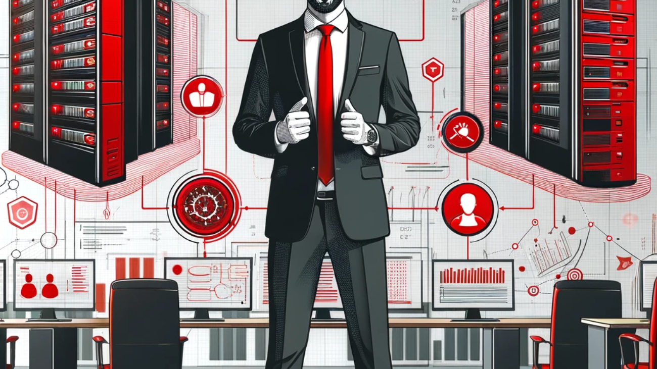 DALL·E 2024-05-20 14.39.51 - A creative professional illustration of a CIO (Chief Information Officer) in a modern office setting. The illustration should use red and black as the