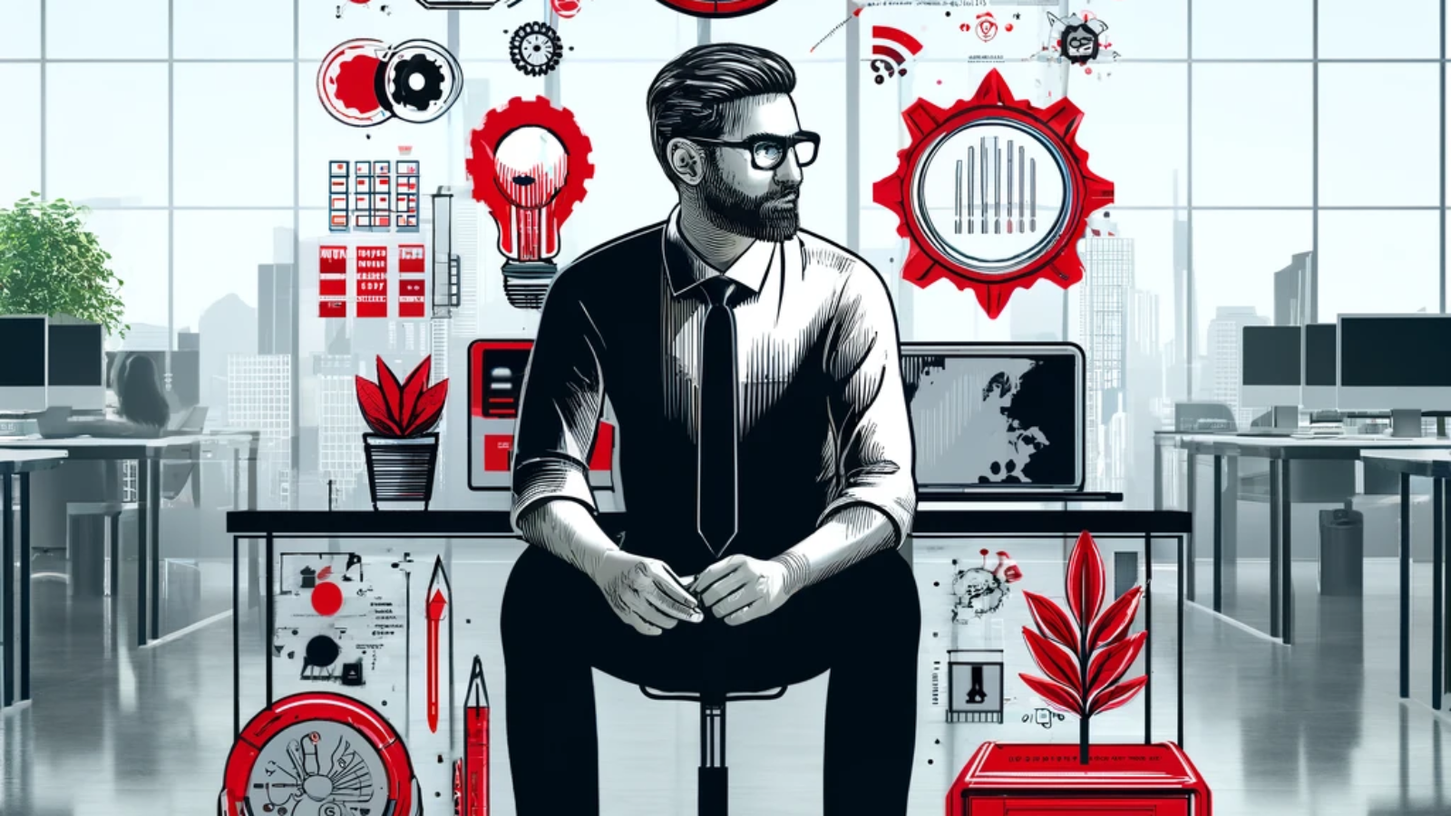 DALL·E 2024-05-20 14.39.53 - A creative professional illustration of a CTO (Chief Technology Officer) in a modern office setting. The illustration should use red and black as the