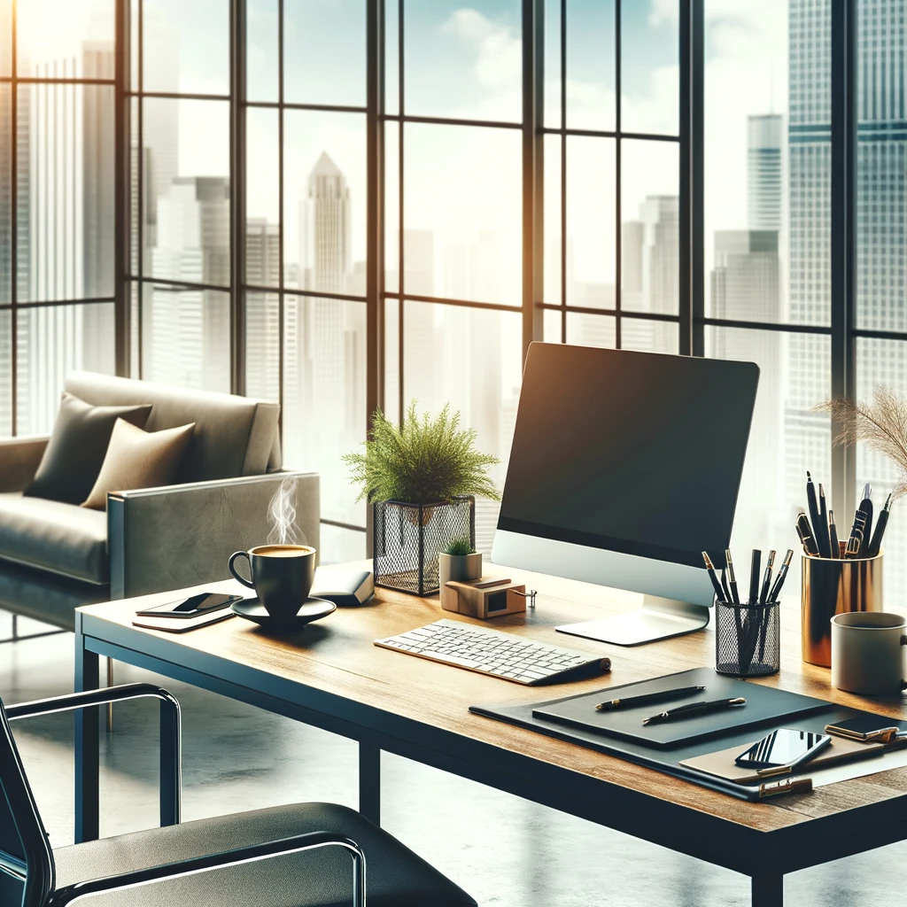 DALL·E 2024-05-16 15.33.51 - An attractive and inviting image of a professional workspace. The scene includes a stylish desk with a computer, a cup of coffee, some office supplies